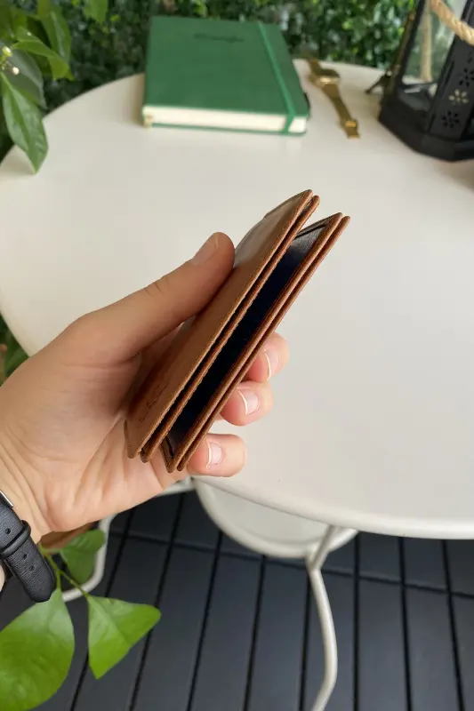 Orsa - Genuine Leather Minimalist Cardholder Tan Slim Wallet, Business Card Holder-Tan - 5