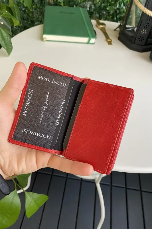 Orsa - Genuine Leather Minimalist Cardholder Women Red Slim Wallet, Card Case - Red - 2