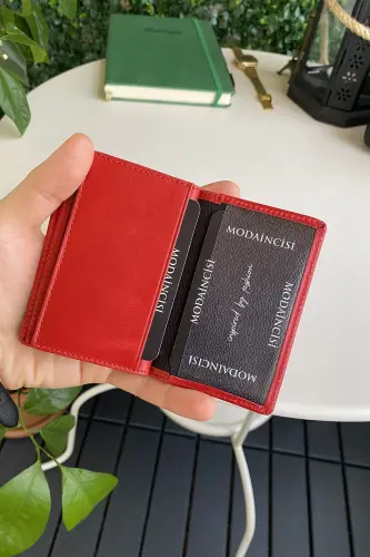 Orsa - Genuine Leather Minimalist Cardholder Women Red Slim Wallet, Card Case - Red - 4