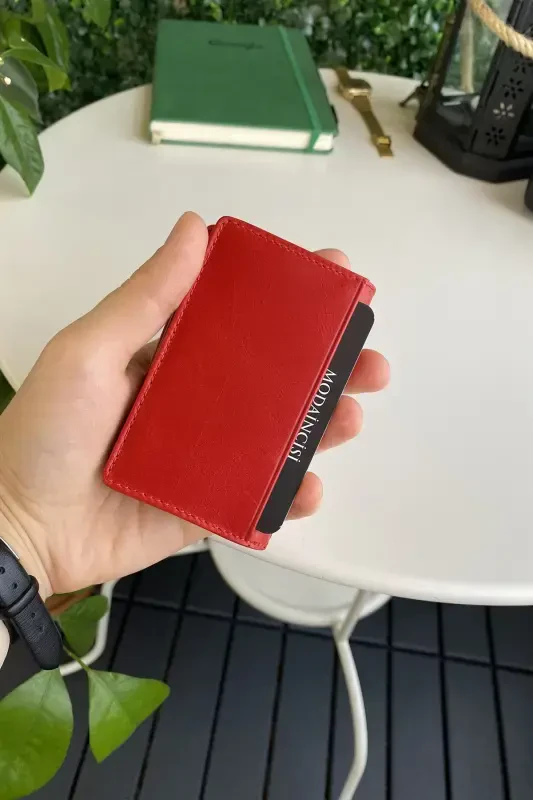 Orsa – Hakiki Deri Minimalist Kartlık Kadın Kırmızı Slim Cüzdan, Kartvizitlik-Kırmızı - 5