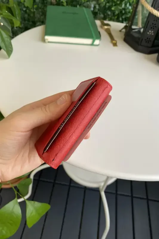 Orsa – Hakiki Deri Minimalist Kartlık Kadın Kırmızı Slim Cüzdan, Kartvizitlik-Kırmızı - 7