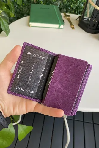 Orsa – Hakiki Deri Minimalist Kartlık Mor Kadın Slim Cüzdan, Kartvizitlik - Mor - 2