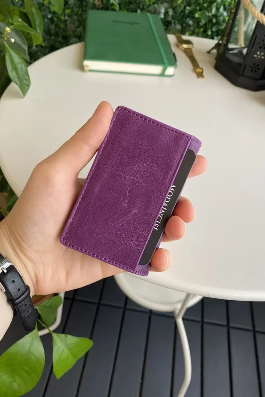 Orsa – Hakiki Deri Minimalist Kartlık Mor Kadın Slim Cüzdan, Kartvizitlik - Mor - 5