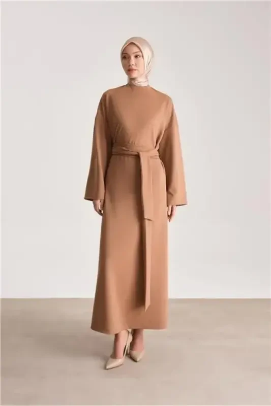 Ort9727 Camel rangidagi bog'lamali uzun kiyim - 3