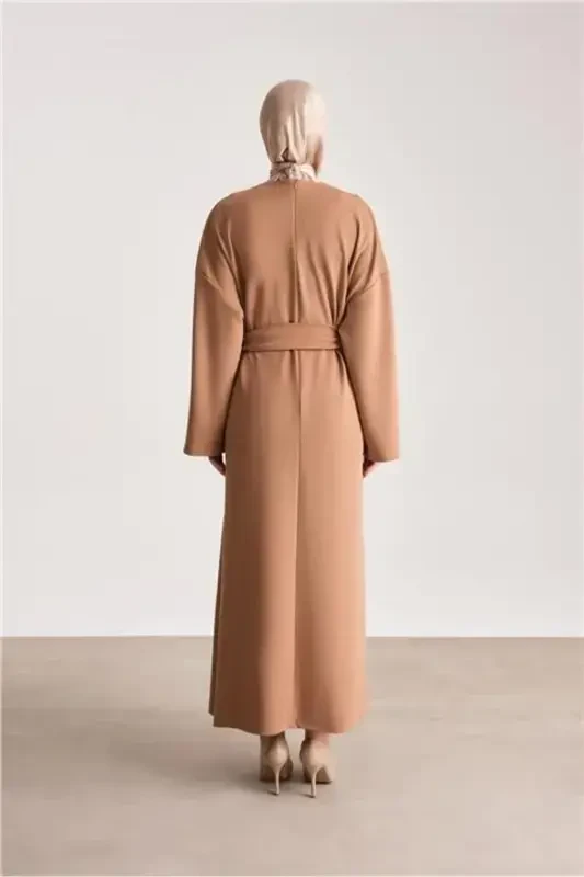 Ort9727 Camel rangidagi bog'lamali uzun kiyim - 5