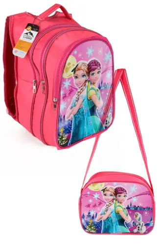Ortaokul İlkokul Çantası ve Beslenme Çantası 3 Cepli Pedli İkili Prenses Pembe - Pembe-4 