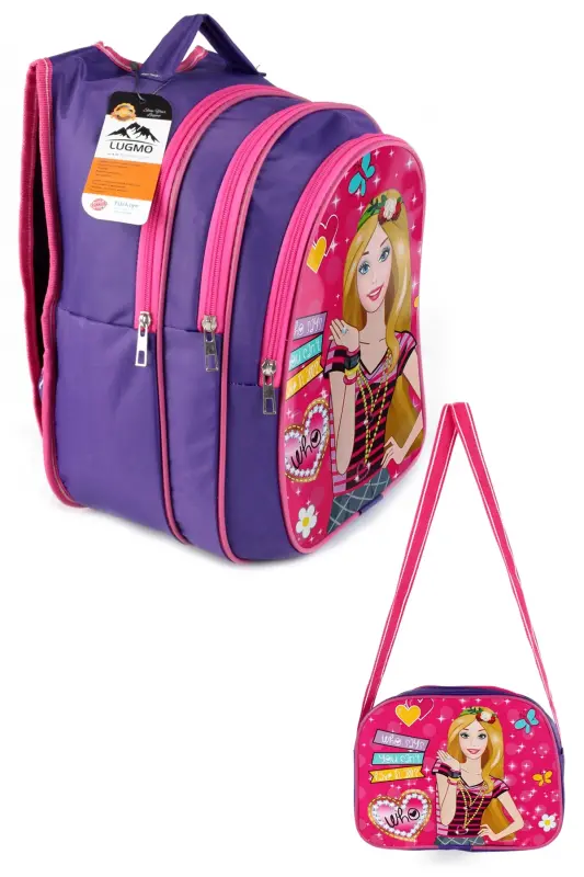 Ortaokul İlkokul Çantası ve Beslenme Çantası 3 Cepli Pedli Mor-Mor - LUGMO