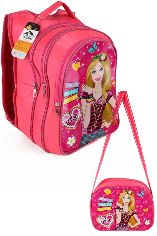 Ortaokul İlkokul Çantası ve Beslenme Çantası 3 Cepli Pedli Pembe-Pembe - LUGMO