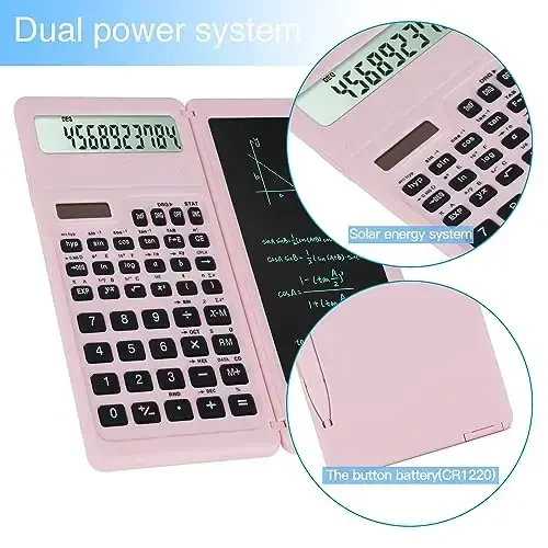 LveSunny Scientific Calculators for Middle School & High School, Solar and Battery Power with Notepad for School，10 Digits Digital with Erasable Writing Board Math Calculator (Pink) - 4