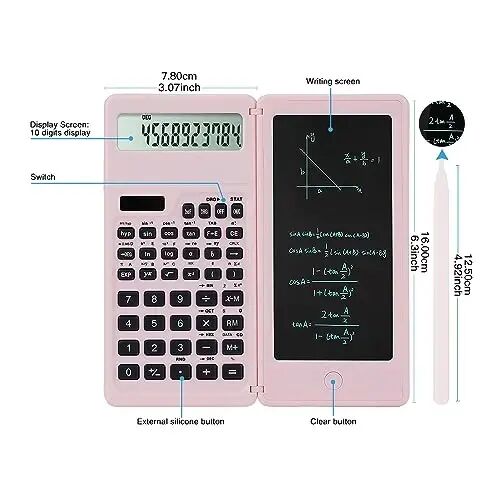 Ortaokul ve Lise için LveSunny Bilimsel Hesap Makineleri, Okul için Not Defterli Güneş ve Pil Gücü, Silinebilir Yazı Tahtası Matematik Hesaplayıcılı 10 Haneli Dijital (Pembe) - 3