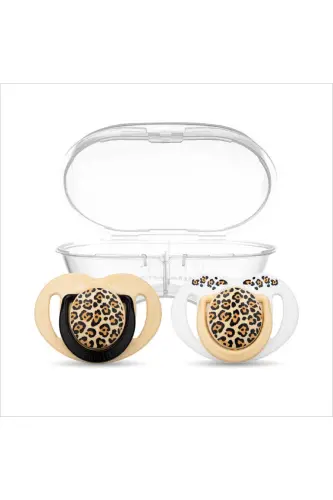 Orthodontic Pacifier, Beige Leopard, 0 Months, with Pacifier Storage & Sterilization Box, Double Set - 1