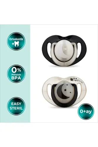 Orthodontic Pacifier, Pearl & Black, 0 Months, with Sterilizing Case, Twin Pack - GENEL MARKALAR (1)