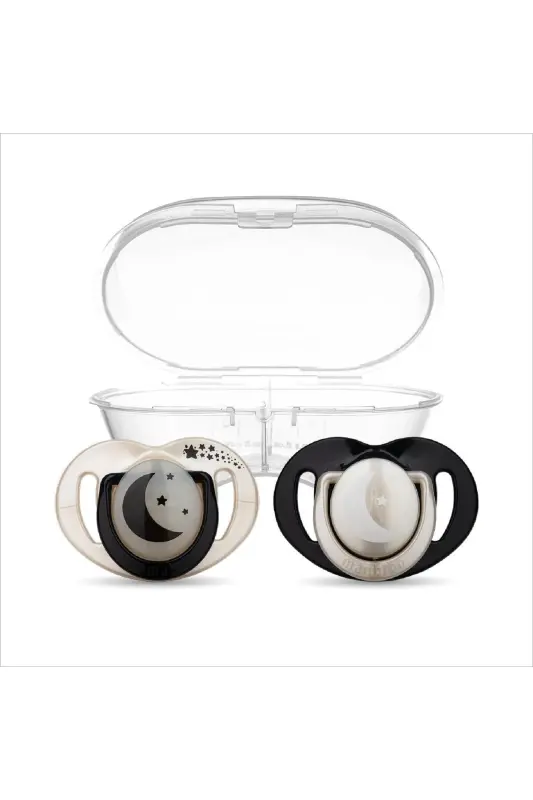 Orthodontic Pacifier, Pearl & Black, 0 Months, with Sterilizing Case, Twin Pack - MAMAJOO