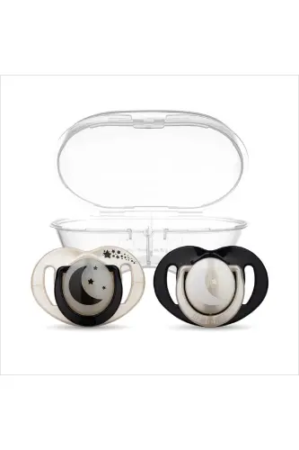 Orthodontic Pacifier, Pearl & Black, 0 Months, with Sterilizing Case, Twin Pack - 1