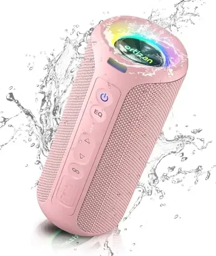 Ortizan Bluetooth karnaylari, Portativ simsiz stereo karnay - IPX7 suv o'tkazmaydigan, 30W RMS(40W Peak) baland ovoz, chuqur bas, LED yorug'lik, Bluetooth 5.3, uy/dush/ochiq havoda/plyaj uchun, kattalar uchun sovg'alar, pushti 