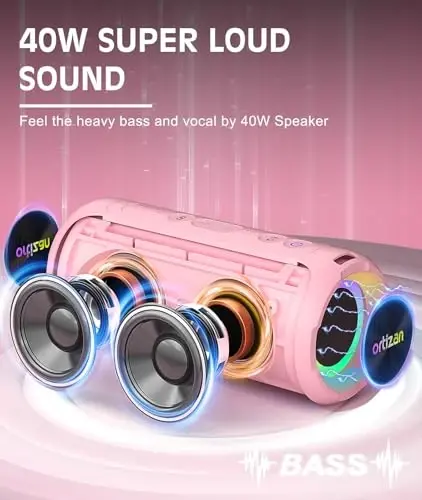 Ortizan Bluetooth karnaylari, Portativ simsiz stereo karnay - IPX7 suv o'tkazmaydigan, 30W RMS(40W Peak) baland ovoz, chuqur bas, LED yorug'lik, Bluetooth 5.3, uy/dush/ochiq havoda/plyaj uchun, kattalar uchun sovg'alar, pushti - 2
