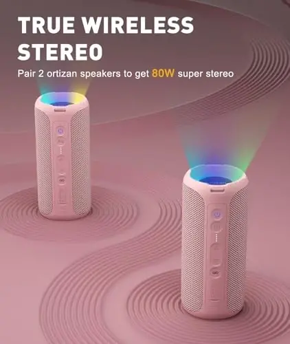 Ortizan Bluetooth karnaylari, Portativ simsiz stereo karnay - IPX7 suv o'tkazmaydigan, 30W RMS(40W Peak) baland ovoz, chuqur bas, LED yorug'lik, Bluetooth 5.3, uy/dush/ochiq havoda/plyaj uchun, kattalar uchun sovg'alar, pushti - 4