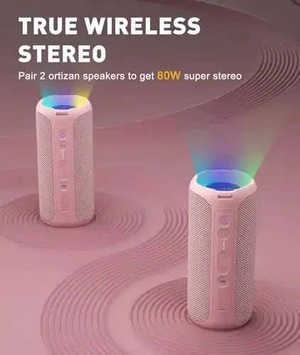 Ortizan Bluetooth Speakers, Portable Wireless Stereo Speaker - IPX7 Waterproof, 30W RMS(40W Peak) Loud Sound, Deep Bass, LED Light, Bluetooth 5.3, for Home/Shower/Outdoor/Beach, Gifts for Adult, Pink - 4