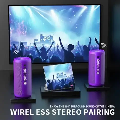 Ortizan Portable Bluetooth Speaker: IPX7 Waterproof, 24W Loud Sound, Deep Bass, Bluetooth 5.3, LED Lights, Wireless Stereo Pairing, 30H Playtime, for Home/Outdoor/Party/Beach, Birthday Gift (Purple) - 3