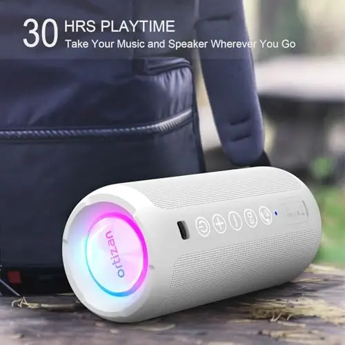 Ortizan Portativ Bluetooth Dinamigi: IPX7 suv o'tkazmaydigan, 24W baland ovoz, chuqur bas, Bluetooth 5.3, LED chiroqlar, simsiz stereo ulanish, 30 soatlik musiqa, uy/tashqi/kecha/plyaj uchun, tug'ilgan kun sovg'asi (oq) - 4