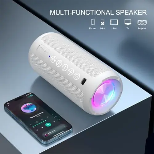 Ortizan Portativ Bluetooth Dinamigi: IPX7 suv o'tkazmaydigan, 24W baland ovoz, chuqur bas, Bluetooth 5.3, LED chiroqlar, simsiz stereo ulanish, 30 soatlik musiqa, uy/tashqi/kecha/plyaj uchun, tug'ilgan kun sovg'asi (oq) - 5