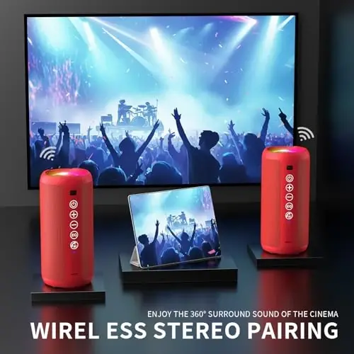 Ortizan Portativ Bluetooth Dinamigi: IPX7 Suvga chidamli, 24W Baland Ovoz, Chuqur Bass, Bluetooth 5.3, LED Chiroqlar, Simsiz Stereo Ulanish, 30H O'yin Vaqti, Uy/Ochiq Havoda/Bayram/Plyaj uchun, Tug'ilgan Kun Sovg'asi (Qizil) - 4