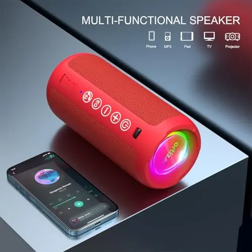 Ortizan Portativ Bluetooth Dinamigi: IPX7 Suvga chidamli, 24W Baland Ovoz, Chuqur Bass, Bluetooth 5.3, LED Chiroqlar, Simsiz Stereo Ulanish, 30H O'yin Vaqti, Uy/Ochiq Havoda/Bayram/Plyaj uchun, Tug'ilgan Kun Sovg'asi (Qizil) - 5