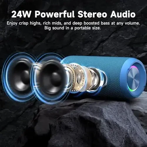 Ortizan Portativ Bluetooth Kolonkalari, IPX7 Suvga chidamli Simsiz Tashqi Kolonka 24W Baland Stereo Tovush va Bluetooth 5.3, Chuqur Bass, RGB Chiroqlar, Dual Ulanish, Uy, Bayram uchun 30H O'yin Vaqti - ORTIZAN (1)