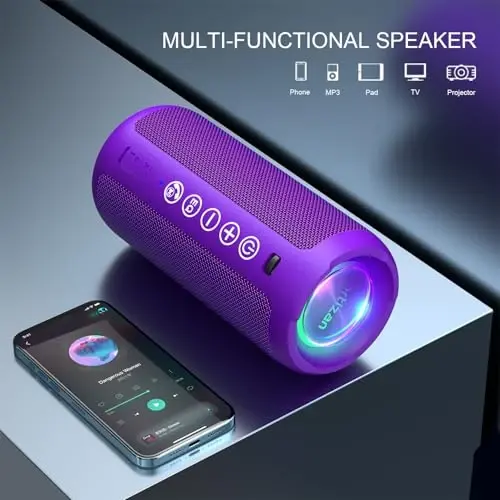 Ortizan Portable Bluetooth Speaker: IPX7 Waterproof, 24W Loud Sound, Deep Bass, Bluetooth 5.3, LED Lights, Wireless Stereo Pairing, 30H Playtime, for Home/Outdoor/Party/Beach, Birthday Gift (Purple) - 5