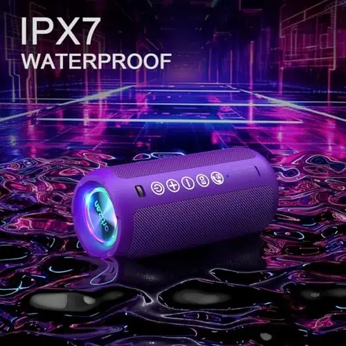 Ortizan Portable Bluetooth Speaker: IPX7 Waterproof, 24W Loud Sound, Deep Bass, Bluetooth 5.3, LED Lights, Wireless Stereo Pairing, 30H Playtime, for Home/Outdoor/Party/Beach, Birthday Gift (Purple) - 1