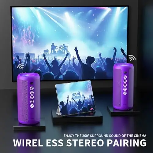 Ortizan Portable Bluetooth Speaker: IPX7 Waterproof, 24W Loud Sound, Deep Bass, Bluetooth 5.3, LED Lights, Wireless Stereo Pairing, 30H Playtime, for Home/Outdoor/Party/Beach, Birthday Gift (Purple) - 4