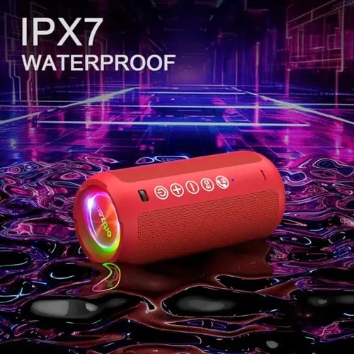 Ortizan Portable Bluetooth Speaker: IPX7 Waterproof, 24W Loud Sound, Deep Bass, Bluetooth 5.3, LED Lights, Wireless Stereo Pairing, 30H Playtime, for Home/Outdoor/Party/Beach, Birthday Gift (Red) - 1