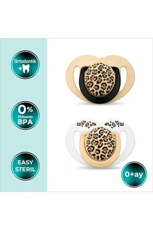 Ortodontik Emzik Seti 0 Ay+ Beige Leopard | İkili, Silikon, Damaklı | Sterilizasyon & Saklam - 2