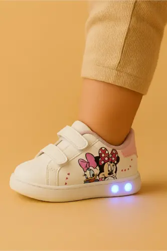 Ortopedik Işıklı Cırt Cırtlı Hafif Rahat Yumuşak Esnek Kız Bebek İlk Adım Ayakkabısı Yeni Sezon 2025-Pembe Beyaz Dck 