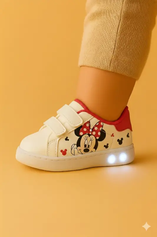 Ortopedik Işıklı Cırt Cırtlı Hafif Rahat Yumuşak Esnek Kız Bebek İlk Adım Ayakkabısı Yeni Sezon 2026-Beyaz Kırmızı Mck - 1