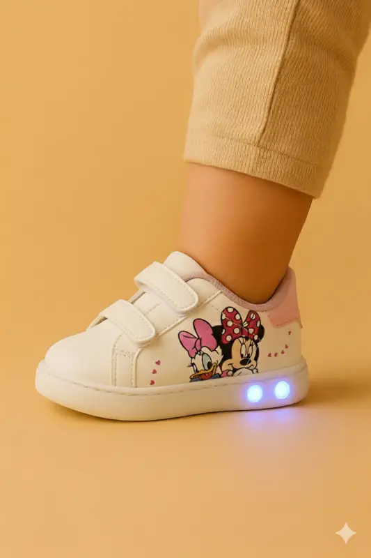 Ortopedik Işıklı Cırt Cırtlı Hafif Rahat Yumuşak Esnek Kız Bebek İlk Adım Ayakkabısı Yeni Sezon 2026-Kırmızı Beyaz Dck - MOON GLOW