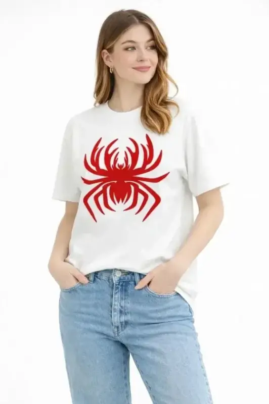 Örümcek Baskılı Tişört Kısa Kollu Bisiklet Yaka T-Shirt - Beyaz - BÜYÜKBEDENIZ