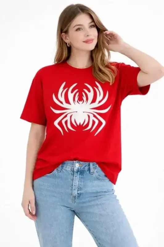 Örümcek Baskılı Tişört Kısa Kollu Bisiklet Yaka T-Shirt - Kırmızı - BÜYÜKBEDENIZ