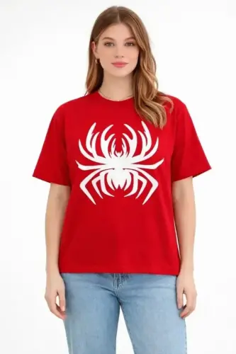Örümcek Baskılı Tişört Kısa Kollu Bisiklet Yaka T-Shirt - Kırmızı - BÜYÜKBEDENIZ (1)