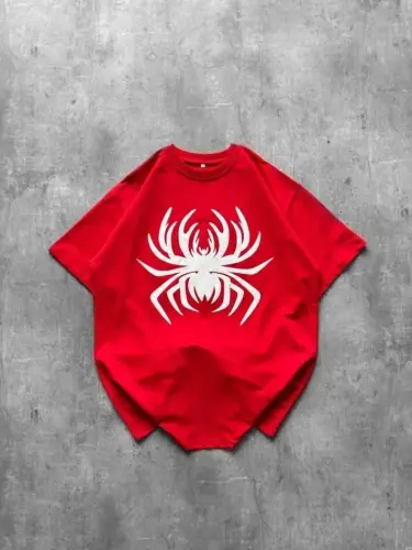 Örümcek Baskılı Tişört Kısa Kollu Bisiklet Yaka T-Shirt - Kırmızı - 4