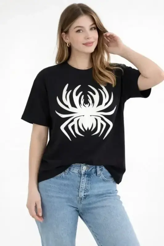 Örümcek Baskılı Tişört Kısa Kollu Bisiklet Yaka T-Shirt - Siyah - BÜYÜKBEDENIZ