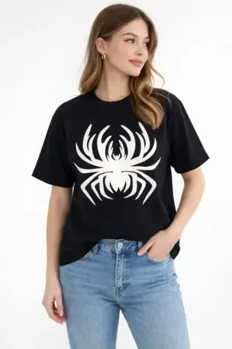 Örümcek Baskılı Tişört Kısa Kollu Bisiklet Yaka T-Shirt - Siyah - BÜYÜKBEDENIZ (1)