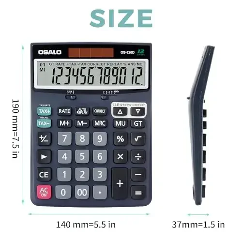 OSALO 12 Digits Desktop Calculator Extra Large LCD Display with VAT Tax Big Button, Dual Solar Power and Battery, Basic Calculator for Office, Home, School (DJ-120D Deep Blue) - 6