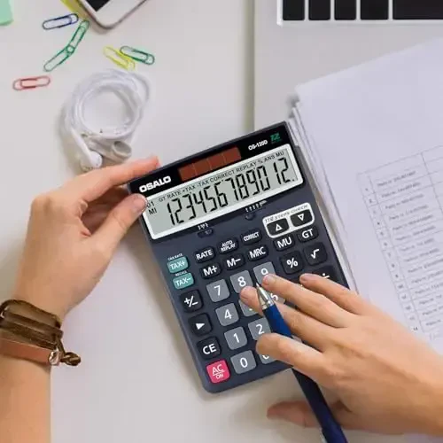 OSALO 12 Digits Desktop Calculator Extra Large LCD Display with VAT Tax Big Button, Dual Solar Power and Battery, Basic Calculator for Office, Home, School (DJ-120D Deep Blue) - 7