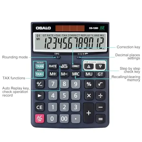 OSALO 12 Digits Desktop Calculator Extra Large LCD Display with VAT Tax Big Button, Dual Solar Power and Battery, Basic Calculator for Office, Home, School (DJ-120D Deep Blue) - 3