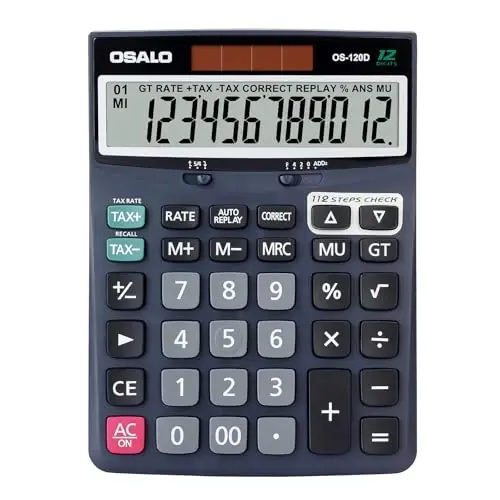 OSALO 12 Digits Desktop Calculator Extra Large LCD Display with VAT Tax Big Button, Dual Solar Power and Battery, Basic Calculator for Office, Home, School (DJ-120D Deep Blue) - 1