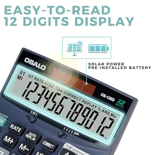 OSALO 12 Digits Desktop Calculator Extra Large LCD Display with VAT Tax Big Button, Dual Solar Power and Battery, Basic Calculator for Office, Home, School (DJ-120D Deep Blue) - 2