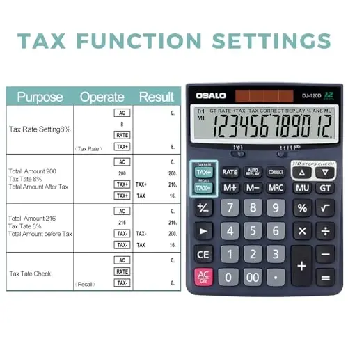 OSALO 12 Digits Desktop Calculator Extra Large LCD Display with VAT Tax Big Button, Dual Solar Power and Battery, Basic Calculator for Office, Home, School (DJ-120D Deep Blue) - 5