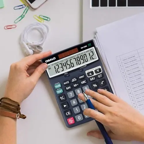 OSALO 12 Digits Desktop Calculator Extra Large LCD Display with VAT Tax Big Button, Dual Solar Power and Battery, Basic Calculator for Office, Home, School (DJ-120D Deep Blue) - 7