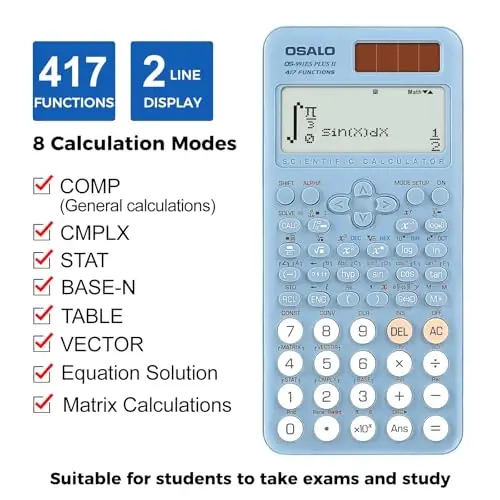 OSALO Bilimsel Hesap Makinesi 417 Fonksiyon 2 Satır 10+2 Basamak Yazılı Ekran Öğrenciler için Güneş ve Pil Hesap Makineleri Ortaokul Koleji Mavi (OS 991ES Plus 2. Baskı) - OSALO (1)